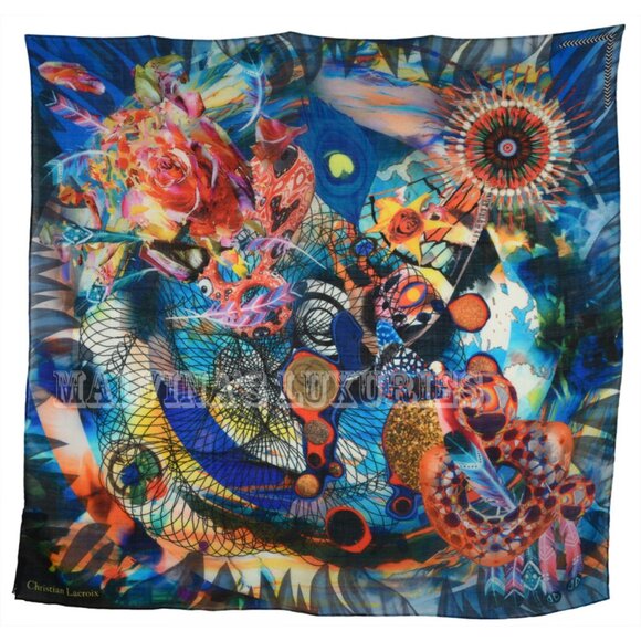 CHRISTIAN LACROIX SCARF WOOL MULTICOLORED VIBRANT PRINT FOULARD LARGE SQUARE 35" - Picture 4 of 6